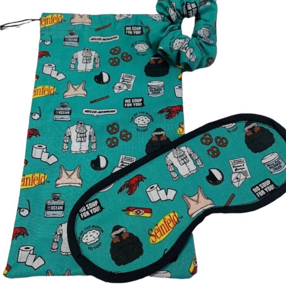 Seinfeld collage 3pc gift set perfect for travel fly sleep mask scrunchie bag